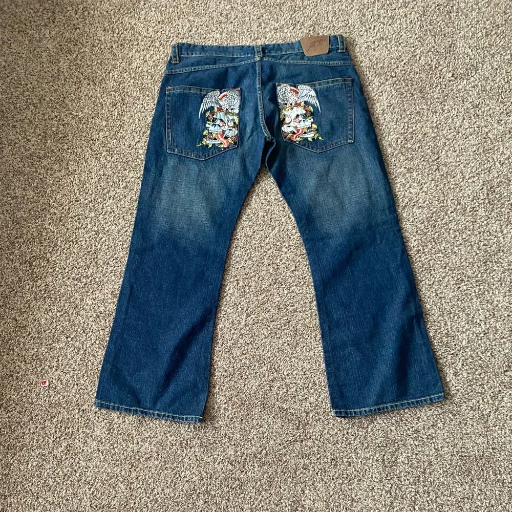 Ed Hardy Dark Blue Bootcut Jeans with Tatoo Embroidered Design - Picture 1 of 6